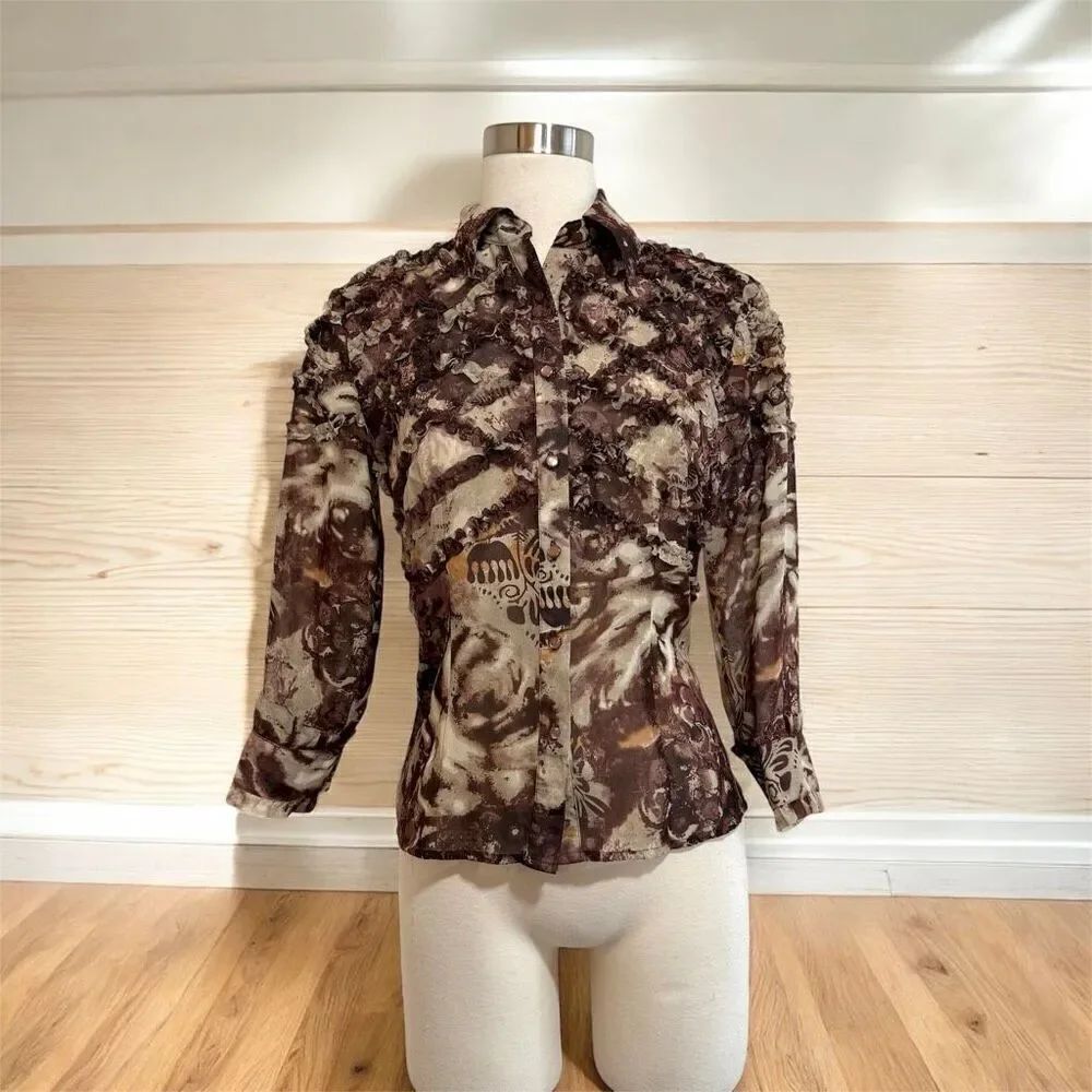 Lloyd Williams Y2K Brown Ruffle CrinkleButton Down Blouse Top S